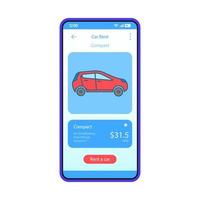 Car rent app interface vector template. Mobile app interface blue design layout. Smartphone car rental service. Carpooling. Flat UI. Phone display with compact automobile price