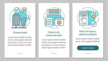 Book hotel onboarding mobile app page screen with linear concepts. Choose hotel, check-in, check-out, take room walkthrough steps graphic instructions. UX, UI, GUI vector template with icons