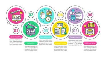 plantilla de infografía de vector de organización de viaje. elementos de diseño de presentación de negocios. visualización de datos con seis pasos y opciones. gráfico de la línea de tiempo del proceso. diseño de flujo de trabajo con iconos lineales