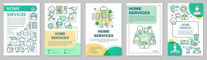 Home services brochure template layout. Handyman. Apartment cleanup. Flyer, booklet, leaflet print design with linear illustrations. Vector page layouts for magazine, annual report, advertising poster