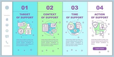 responsabilidad social corporativa incorporación de plantillas vectoriales de páginas web móviles. objetivo, tiempo, acción de apoyo. interfaz de sitio web inteligente para teléfonos inteligentes. pantallas de pasos del tutorial de la página web. concepto de color vector