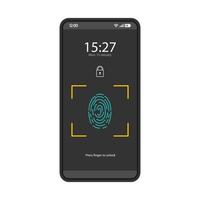 Biometric authentication smartphone interface vector template. Touch ID. Fingerprint scanner app. Mobile application page design layout. Finger scanning screen. Flat UI. Phone display with fingerprint