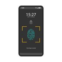 Biometric authentication smartphone interface vector template. Touch ID. Fingerprint scanner app. Mobile application page design layout. Finger scanning screen. Flat UI. Phone display with fingerprint