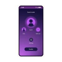 Guest mode app smartphone interface vector template. Mobile utility page purple design layout. Users account switching application. Privacy feature flat gradient UI. Enable button on phone display