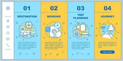 Travel agency onboarding mobile web pages vector template. Responsive smartphone website interface idea with linear illustrations. Journey planning webpage walkthrough steps. Color concept