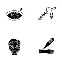 Medical procedure glyph icons set. Vision correction. Eyesight disorder. Stitching open wound. Cosmetology. Laser therapy on arm. Healthcare. Silhouette symbols. Vector isolated illustration