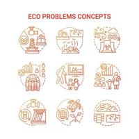 Eco problems concept icons set. Ecological disaster idea thin line illustrations in red. Pollution of water, soil and air. Overpopulation and biodiversity. Vector isolated outline drawings