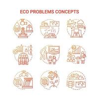 Conjunto de iconos de concepto de problemas ecológicos. Ilustración de línea fina de idea de desastre ecológico en rojo. contaminación de agua, suelo y aire. superpoblación y biodiversidad. dibujos de contorno aislados vectoriales vector