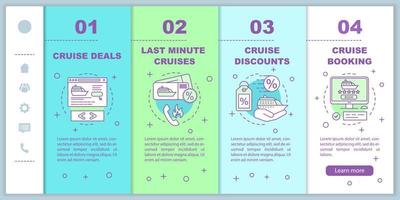 Cruise onboarding mobile web pages vector template. Deals, last minute cruises, discounts, booking. Responsive smartphone website interface idea. Webpage walkthrough step screens. Color concept