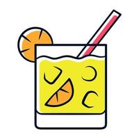 Cocktail in lowball glass yellow color icon. Refreshing alcohol cold drink in old fashioned tumbler. Mixed beverage with ice, slice of citrus and straw. Isolated vector illustration