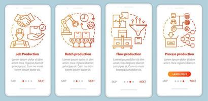 Manufacturing method red onboarding mobile app page screen vector template. Job, batch, flow, process production. Walkthrough website steps with linear icons. UX, UI, GUI smartphone interface concept