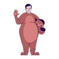 Person dressed in bear costume flat vector illustration. Man dressing like animal. Guy in Halloween party outfit cartoon character with outline elements isolated on white background