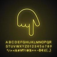 Backhand index pointing down neon light icon. Turn back finger pointer. Hand gesture emoji. Glowing sign with alphabet, numbers and symbols. Vector isolated illustration