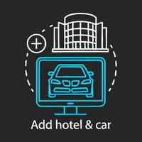 Add hotel and car chalk icon. Vacation options. Journey, trip, travel. Travel deals. Accommodation booking and comfortable holidays. Isolated vector chalkboard illustration