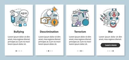 Social violence onboarding mobile app page screen with linear concepts. Bullying, discrimination, terrorism, war walkthrough steps, instructions. Social issues. UX, UI, GUI vector template with icons