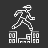 Parkour chalk icon. Traceur running in city environment. Traversing obstacles. Person jumping in urban space. Street workout. Extreme sport. Isolated vector chalkboard illustration