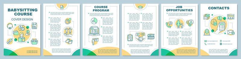 Babysitter course in quiet colours brochure template layout. Babysitting jobs. Flyer, booklet, leaflet print design with linear icons. Vector page layouts for magazines, annual reports, posters