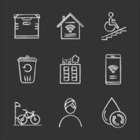 Apartment amenities chalk icons set. Storage, smart home, wheelchair access, recycling, rooftop deck, iInternet access, bike parking, spa, water filtration. Isolated vector chalkboard illustrations