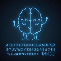 Icono de luz de neón de personaje de cerebro humano feliz. sistema nervioso sano. signo brillante con alfabeto, números y símbolos. vector ilustración aislada