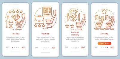 Aircraft travel class seating orange onboarding mobile app page screen vector template. Business class. Walkthrough website steps with linear illustrations. UX, UI, GUI smartphone interface concept