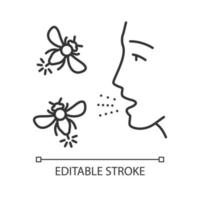 Allergies to insect stings linear icon. Hypersensitivity of immune system. Human face and flying insects. Thin line illustration. Contour symbol. Vector isolated outline drawing. Editable stroke