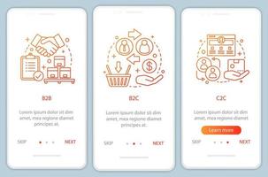 tipos de mercado incorporación de plantilla de vector de pantalla de página de aplicación móvil. modelos de negocio. b2b, b2c, c2c: pasos del sitio web del tutorial con ilustraciones lineales. concepto de interfaz de teléfono inteligente ux, ui, gui