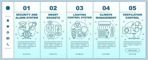 Smart house onboarding mobile web pages vector template. Home automation. Responsive smartphone website interface idea with linear illustrations. Webpage walkthrough step screens. Color concept