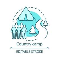 Country camp concept icon. Summer hiking and camping club, holiday resort idea thin line illustration. Travelling in woods, backpacking in forest. Vector isolated outline drawing. Editable stroke