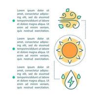 Plantilla de vector de página de artículo de energía alternativa y renovable. energía ecológica, tecnología verde. folleto, revista, elemento de diseño de folleto con iconos lineales y texto. diseño de impresión. ilustraciones de concepto