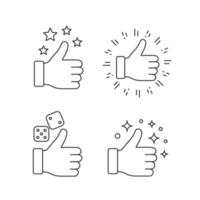 Like linear icons set. Thin line contour symbols. Gambling games, thumbs up, success. Social media likes. Good, cool, ok hand gestures. Rating. Isolated vector outline illustrations. Editable stroke