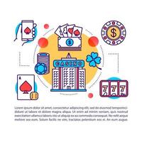 plantilla de vector de página de artículo de casino. Las Vegas. apuestas y juegos de azar. póquer, tragamonedas, apuestas. folleto, revista, elemento de folleto con iconos lineales y texto. diseño de impresión. ilustraciones de concepto