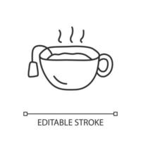 Hot tea cup linear icon. Mug with warm delicious beverage thin line illustration. Teatime break, breakfast contour symbol. National english drink vector isolated outline drawing. Editable stroke