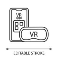 Smartphone VR headset linear icon. Virtual reality mobile apps. Thin line illustration. VR mask, glasses, goggles with phone. Contour symbol. Vector isolated outline drawing. Editable stroke