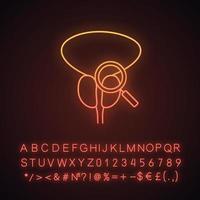 Prostate exam, check neon light icon. Digital rectal examination. Prostate cancer diagnosis and tests. Glowing sign with alphabet, numbers and symbols. Vector isolated illustration