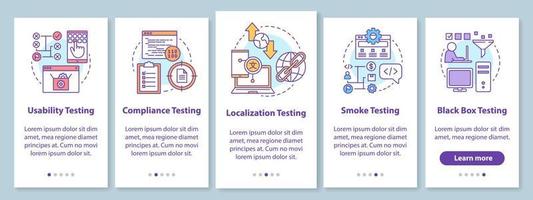 Non-functional software testing onboarding mobile app page screen with linear concepts. Usability analysis walkthrough steps graphic instructions. UX, UI, GUI vector template with illustrations