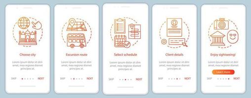 plantilla de vector de pantalla de página de aplicación móvil de incorporación de excursiones. evento de ruta de la ciudad. turismo, escaparate. paso a paso del sitio web con ilustraciones lineales. concepto de interfaz de teléfono inteligente ux, ui, gui