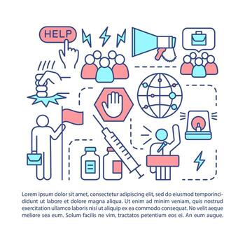 Social problems article page vector template. Drug abuse, unemployment issues. Brochure, magazine, booklet design element with linear icons. Print design. Concept illustrations with text space