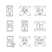 Facial recognition linear icons set. Thin line contour symbols. Face lock, banking, approved, smartphone apps, scanning process, reader, markers. Isolated vector outline illustrations. Editable stroke