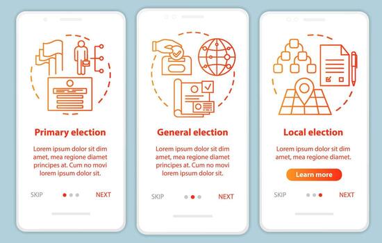 Elections onboarding mobile app page screen vector template. Electing local, general political figures. Walkthrough website steps with linear illustrations. UX, UI, GUI smartphone interface concept