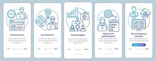 Software testing roles onboarding mobile app page screen vector template. Qulity control experts. Walkthrough website steps with linear illustrations. UX, UI, GUI smartphone interface concept