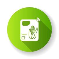 Plastic bottle of corn oil green flat design long shadow glyph icon. Organic chemistry. Vegetable oil produce. Corn ethanol for biofuel. Gasoline substitute. Vector silhouette illustration