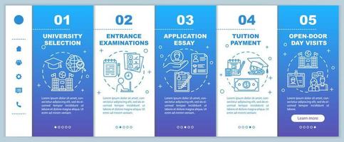 University entrance onboarding mobile web pages vector template. Essay, exam. Responsive smartphone website interface idea with linear illustrations. Webpage walkthrough step screens. Color concept