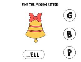 Find missing letter with cartoon bell. Spelling worksheet. vector