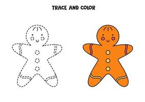 Trace and color gingerbread cookie. Worksheet for kids. vector