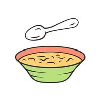 Soup color icon. Bowl and spoon, kitchenware. Hot steaming soup plate. First meal. Healthy diet. Nutritious meal. Bistro, restaurant, cafe menu. Isolated vector illustration