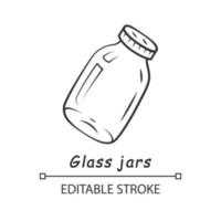 Glass jars linear icon. Food conservation glassware. Homemade jam, marmalade storage. Empty canning jar. Thin line illustration. Contour symbol. Vector isolated outline drawing. Editable stroke