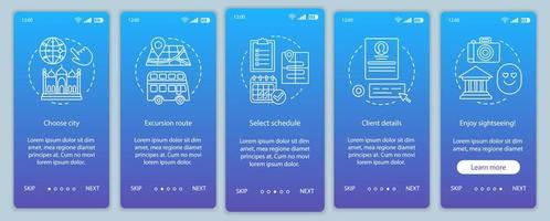 Excursion onboarding mobile app page screen vector template. Sightseeing route event. City tourism. Walkthrough website steps with linear illustrations. UX, UI, GUI smartphone interface concept