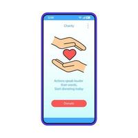 Charity app smartphone interface vector template. Make donation online. Mobile fundraising application page blue design layout. Charitable foundation website. Volunteering, sponsorship