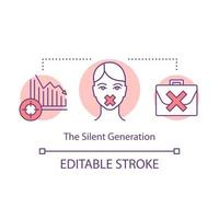 The Silent Generation concept icon. Speechless girl, falling chart, briefcase. Gender inequality. Harassment at workplace idea thin line illustration. Vector isolated outline drawing. Editable stroke