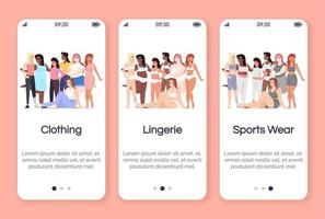 Body positive onboarding mobile app screen vector template. Types of clothing. Lingerie and sportswear. Walkthrough website steps, flat characters. UX, UI, GUI smartphone cartoon interface concept